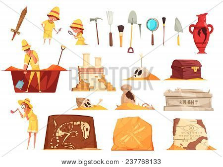 Archeology Set Of Icons With Explorers, Science Equipment, Ancient Artifacts Including Tombs, Fossil