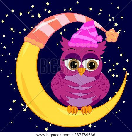 A Sweet Fairy-tale Pink Owl In A Hat For Dream Dreams, Sings A Lullaby, Lulls The Sky, The Moon And