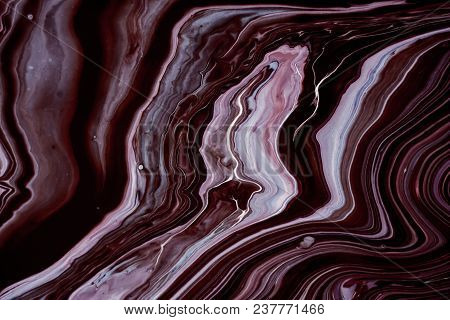 Dark Purple Marble Texture With Acrylic Painted Waves. Abstract Painting Background For Wallpapers, 
