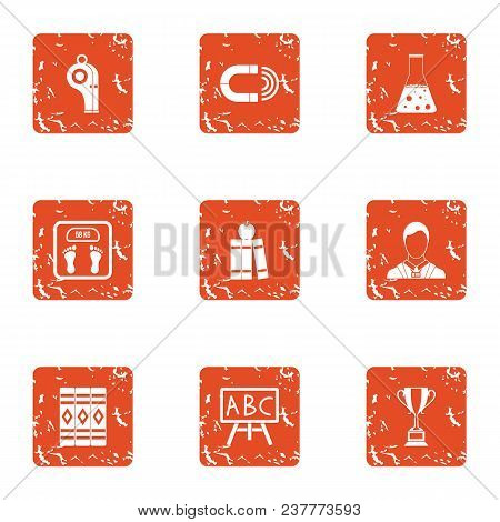 School Education Icons Set. Grunge Set Of 9 School Education Vector Icons For Web Isolated On White 