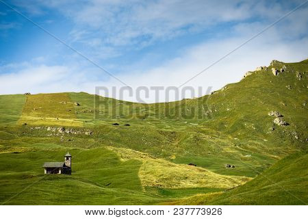 Idyllic Landscape, A Church In The Dolomites Alp