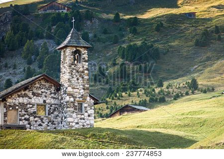 Idyllic Landscape, A Church In The Dolomites Alp