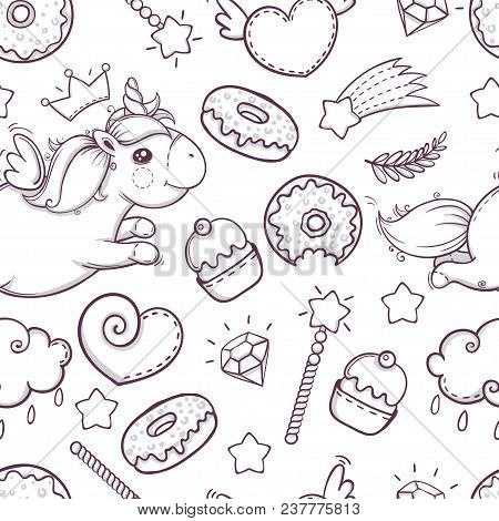 Doodle Style Unicorn Sweets Donuts Seamless Vector Background Ready To Be Tiled.