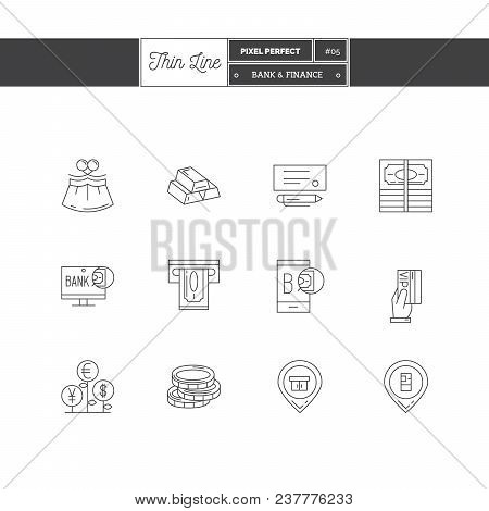 Thin Line Icon Set Of Money Making, Banking And Financial Objects And Tools Elements. Bank Logo Icon