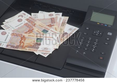 Printer Printing Russian Rubles Bills Close Up