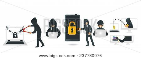 Cartoon Hackers Hacking Devices Set. Men In Black Brake Chain Of Locked Laptop By Bolt Cutter, Steal