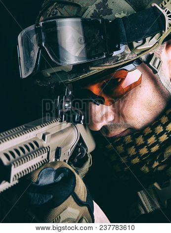Macro Portrait Of Military Man Sniper
