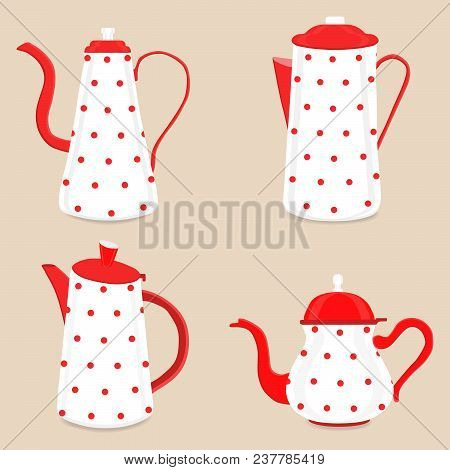Abstract Vector Illustration Logo For Ceramic Teapot, Kettle On Background. Teapot Pattern Consistin