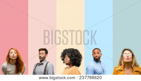 Cool group of people, woman and man expressing love, blows kiss at camera, flirting