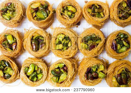 Arabic Dessert With Pistachio Mabroume Top View Pattern