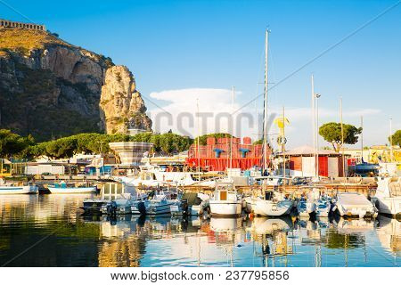 Terracina, Port, Platform Of Sanctuary Of Jupiter Anxur. A Lot Of Boats And Yachts Stay In The Port.