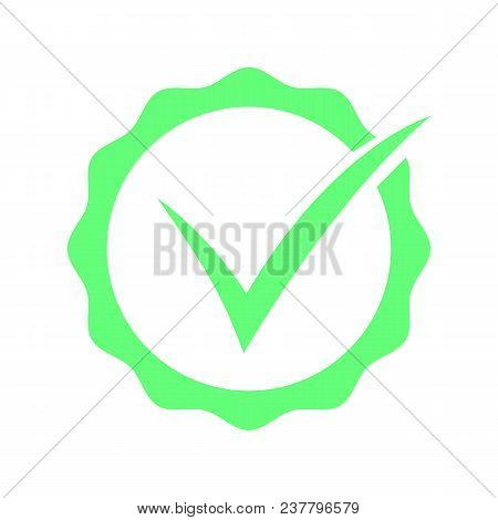 Flat Round Check Mark Green Icon, Button. Tick Symbol Isolated On White Background.