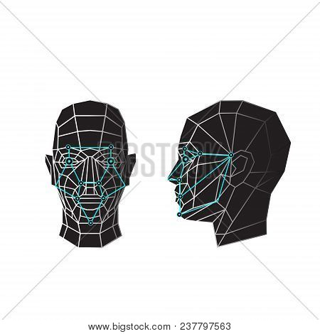 Face Recognition - Biometric Security System. Face Scanning, Front View, Side View Of Human Head. Ve