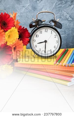 1 September Concept Postcard, Teachers Day, Back To School, Supplies, Alarm Clock, Toned Vintage