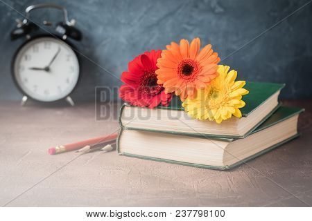 Autumn Teachers Day Postcard Concept, Back To School, Old Books, Daises. Toned