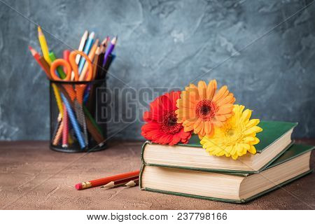 1 September Concept Postcard, Teachers Day, Back To School, Supplies, Alarm Clock, Toned Vintage