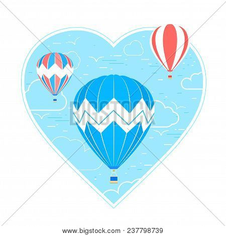 Blue Heart With Linear Clouds And Birds And Hot Air Balloons In Cartoon Style. Vector Illustration I