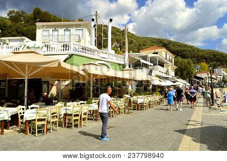 Paxos Harbour, Greece - October 01, 2017 : Paxos Tourist Visiting The Small Island South Of Corfu A 