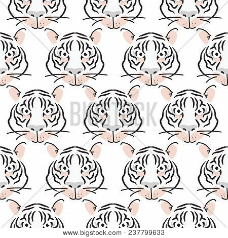 Seamless Pattern With Tiger Heads Fashion Background. Vector Repeat Background For Fabric Print And 