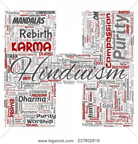 Conceptual hinduism, shiva, rama, yoga letter font H red word cloud isolated background. Collage of mandalas, samsara, celebration, tradition, peace, compassion, rebirth, karma, dharma concept