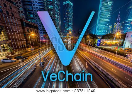 Concept Of Vechain Coin, A Cryptocurrency Blockchain Platform , Digital Money