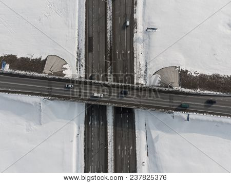 Beautiful Sunrise Aerial View Above Highway. Car Travel Concept