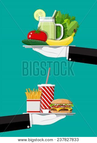 Tray With Fast Food And Organic Products. Diet, Nutrition, Fitness And Weight Loss Or Overweight And