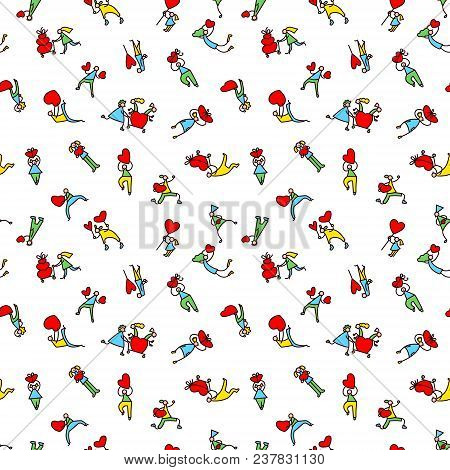 Valentine Day People Seamless Pattern. Background With Shopping Men And Women With Hearts And Shoppi