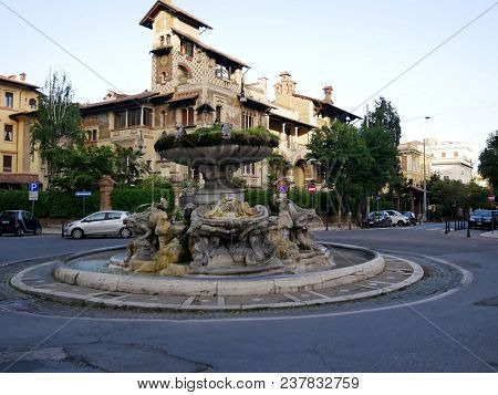 Fontana Delle Rane In Piazza Mincio, Copped District Located In Rome, Italy