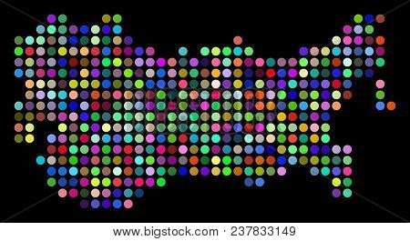 Bright Dot Ussr Map. Vector Geographic Map In Bright Colors On A Dark Background. Bright Vector Conc
