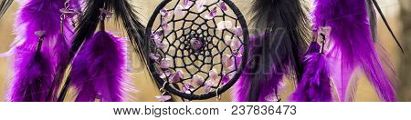 Banner Of Dream Catcher With Feathers Threads And Beads Rope Hanging. Dreamcatcher Handmade