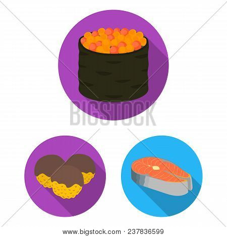 Sushi And Seasoning Flat Icons In Set Collection For Design. Seafood Food, Accessory Vector Symbol S