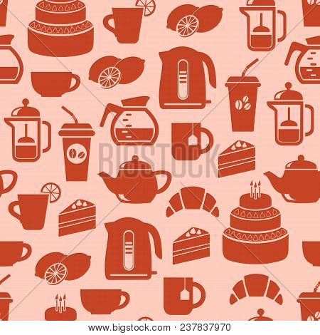 Seamless Pattern Of Tea And Coffee. Vector Stock Illustration.