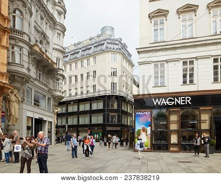 Vienna, Austria - 15 April 2018: Beautiful Streets Of The City With A Stone Pavement.
