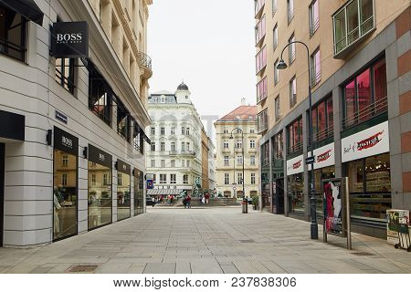 Vienna, Austria - 15 April 2018: Beautiful Streets Of The City With A Stone Pavement.