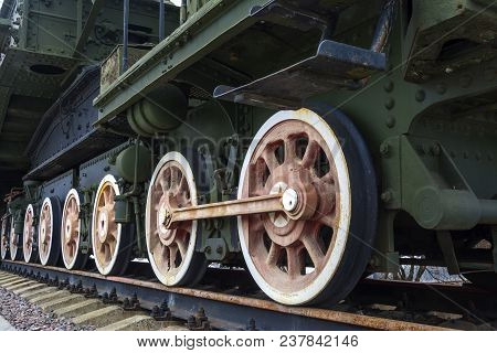 Railway Station. Wheels Of Vintage Steam Locomotive