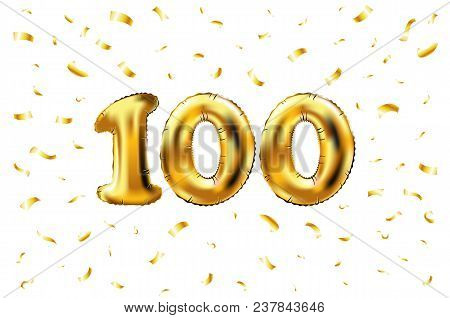 Vector 100Th Celebration Gold Balloons And Golden Confetti Glitters. 3D Illustration Design For Your
