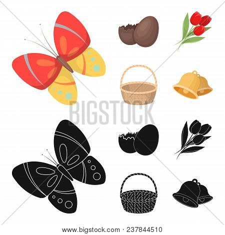 Chocolate Egg, Bells, Basket And Flowers.easter Set Collection Icons In Cartoon, Black Style Vector 