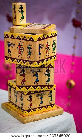Vintage Old Wooden Matching Channapatna  Toy Cube Puzzle With Figures
