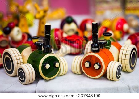 Orange And Green Wooden Rail Roy Car To Be Dragged With Thread. Vintage Wooden Channapatna Toy