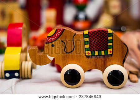 Vintage Colourful Old Wooden Elephant Channapatna Toy On Wheels