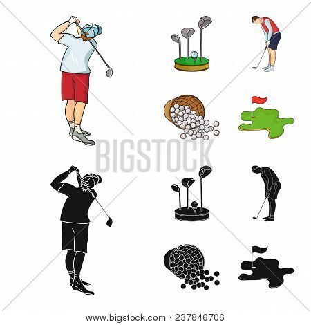 Stand For A Golf Club, Muzhchin Playing With A Club, Basket With Balls, Label With A Flag On The Gol