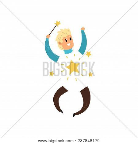 Happy Magician With Invisible Body. Young Man With Magic Wand In Hand. Bright-shining Stars. Wizard 