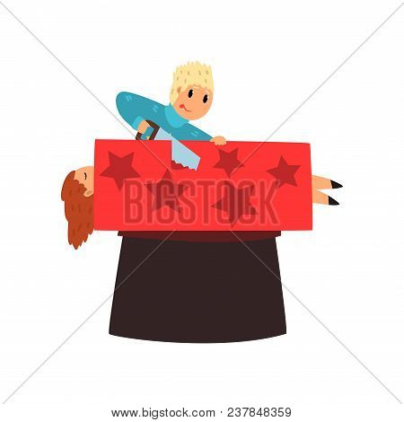 Funny Magician Sawing Woman Into Two Halves. Cartoon Character Of Young Man Performing Trick On Circ