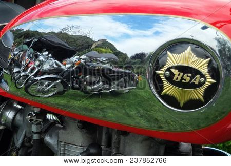 Hebden Bridge, West Yorkshire, England - August 5 2017: Reflection Though Motorbike Chrome Bsa Fuel 