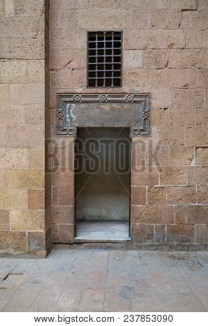 Ancient External Old Decorated Bricks Stone Wall And Opened Door Leading To Beit (house) Al Sehemy H