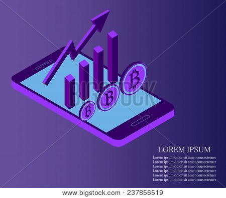 3d Vector Isometric Bitcoin Growth Concept. Abstract Vector Illustration Of Growth Chart. Business S