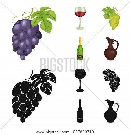 A Glass Of Red Wine, Champagne, A Jug Of Wine, A Bunch. Wine Production Set Collection Icons In Cart