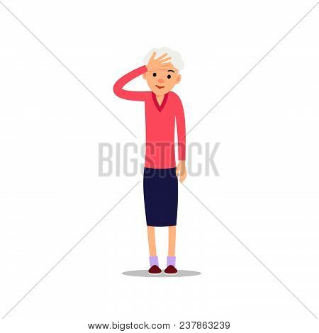 Grandmother. Elderly Woman Stand And One Hand Holds On To His Head. Illustration Isolated On White B