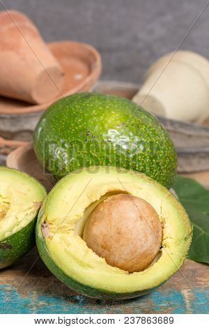 Green Ripe Tasty Ryan Avocado With Big Round Seed, Ready To Eat.